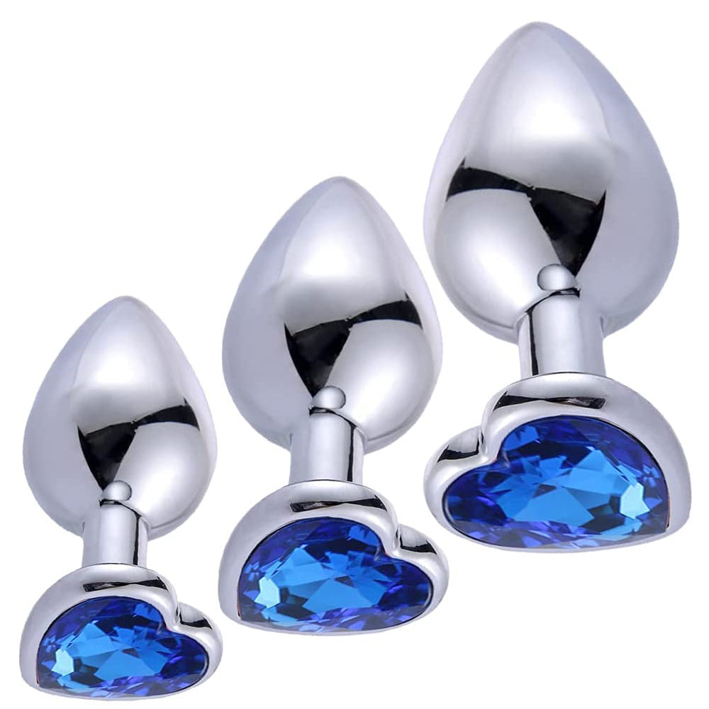 Anal Butt Plug Trainer Kit 3 Pcs Stainless Steel Anal Dilator with Different Sizes Adult Anal Sex Toys with Heart Shaped Jewelry Base for Male Female Masturbating