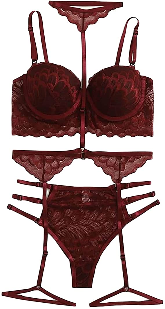 Lace Garter Lingerie Set for Women Sexy Lingeries 2 Pieces with Choker Strappy Sheer V Neck Bras And Panties Outfits