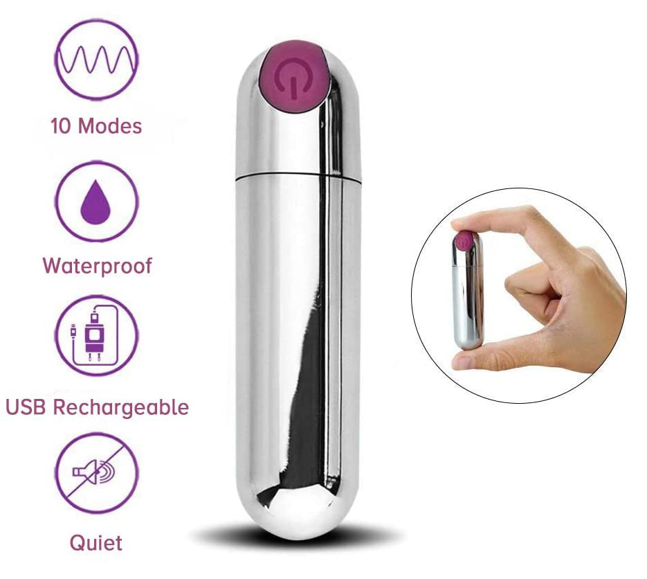 Bullet Vibrator, Rechargeable Bullet Vibe with 10 Settings, Super Strong Vibrating Bullet Toy for Women, Waterproof Clitoris Vibrator with Discreet Package (Silver)