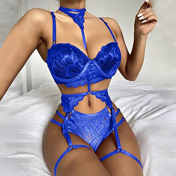 Lace Garter Lingerie Set for Women Sexy Lingeries 2 Pieces with Choker Strappy Sheer V Neck Bras And Panties Outfits