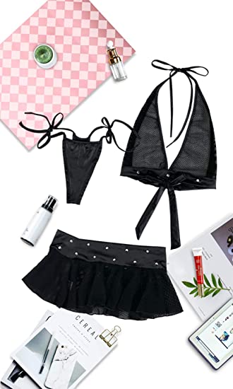 Lingerie Set for Women 3 Pieces Halter Top and Mini Skirt with G-String Pant Black