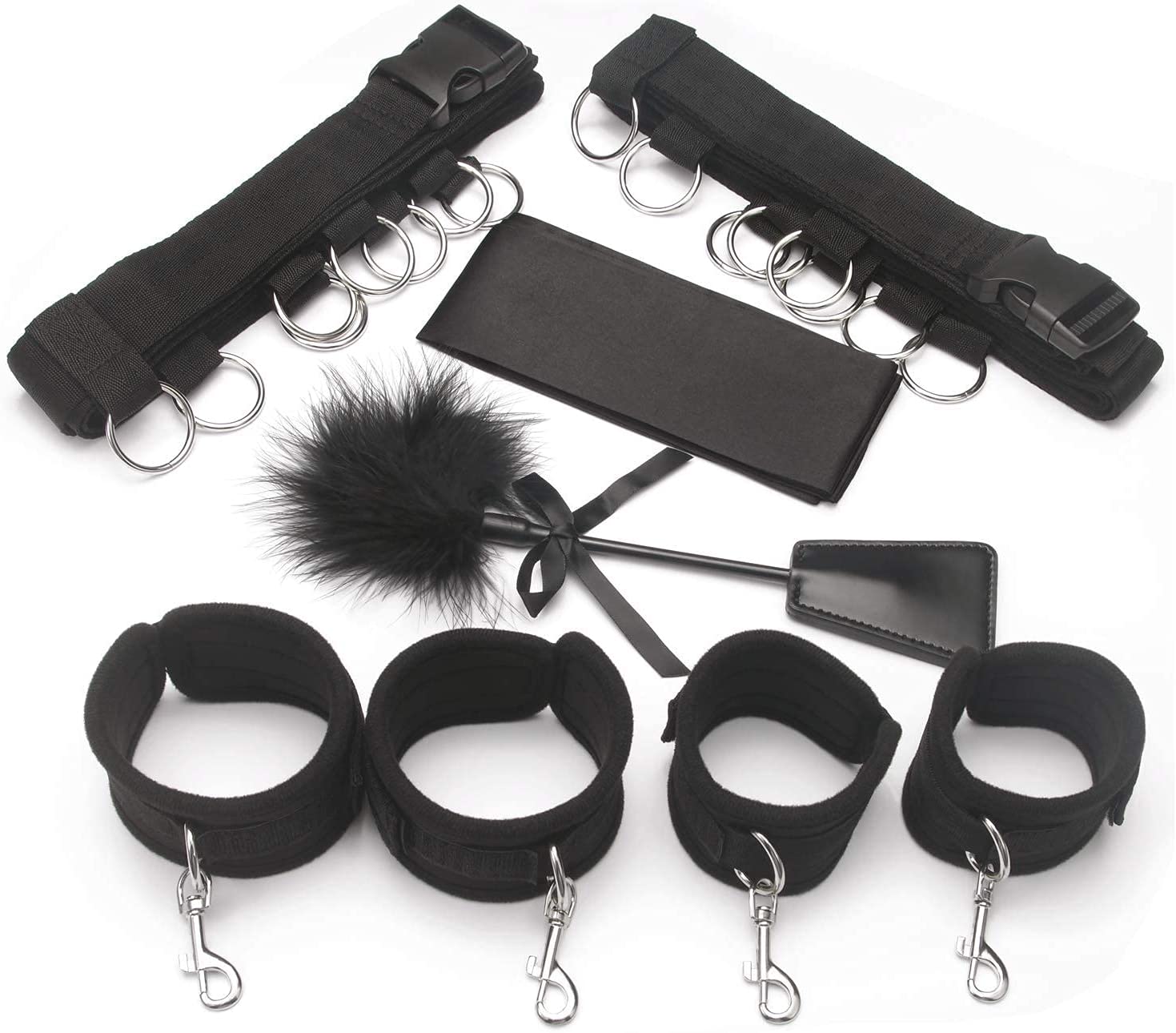 Strict Bed Restraint Kit, Under Mattress Restraint Bondage Set with Wrist Ankle Cuff, BDSM Sex Game Play for Couple, Blindfold & Tickler Included